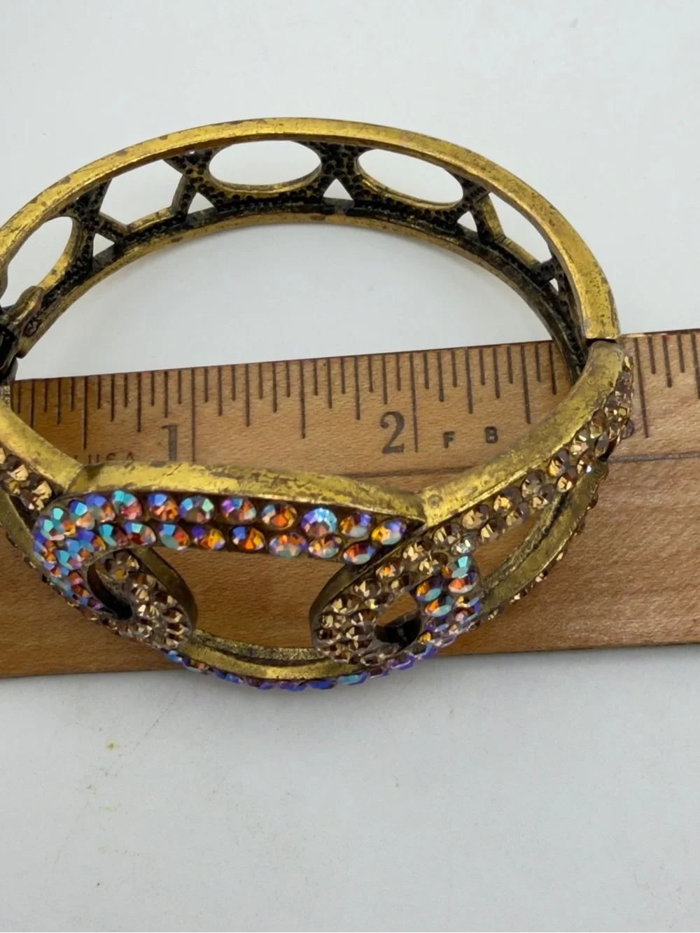 Aurora Borealis (AB) & Amber Crystals Cuff Hinged Bracelet 8-1/4” Diameter